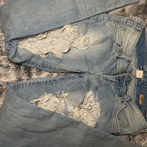 Silver ripped Denim skinny leg Jeans with lace - Picture 4 of 8